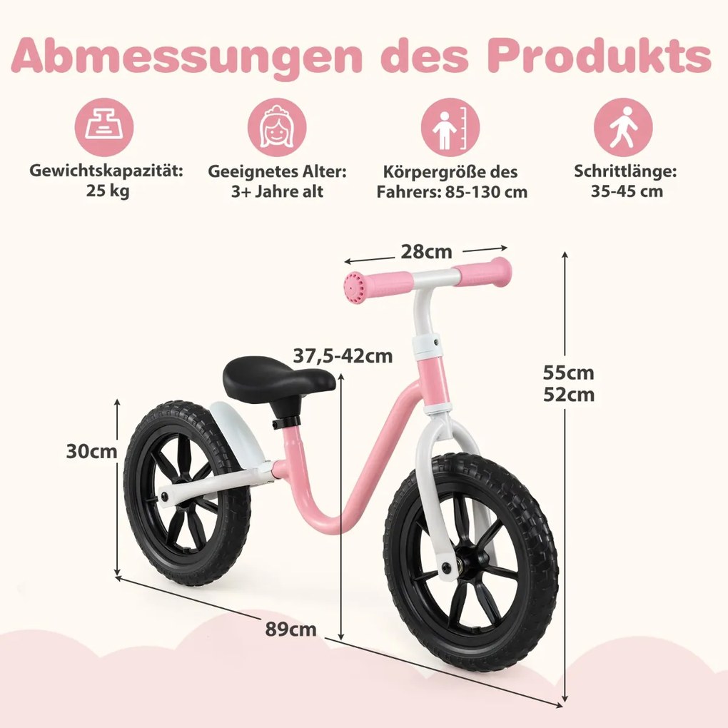 Bicicleta sem pedais crianças com guiador e assento ajustável em altura, bicicleta de aprendizagem com rodas de 12 polegadas, cor-de-rosa