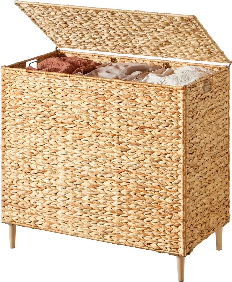 Cesto da roupa suja com 3 compartimentos 76 x 40 x 70 cm, saco interior removível, tampa e pegas, em tons natural