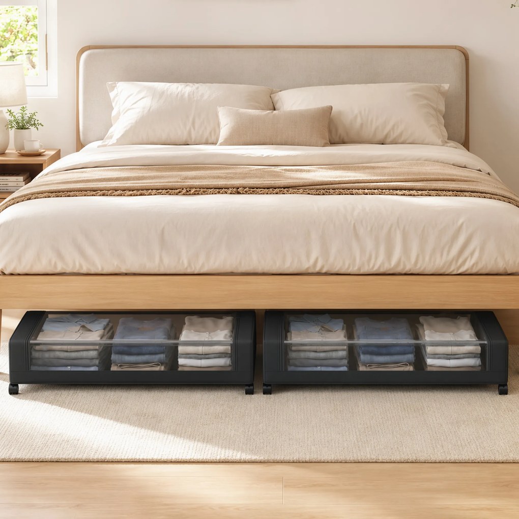 Conjunto de 2 Caixas de Arrumação Debaixo da Cama com Rodas, 78 x 44 x 16 cm, Capacidade de 40 L, Preto