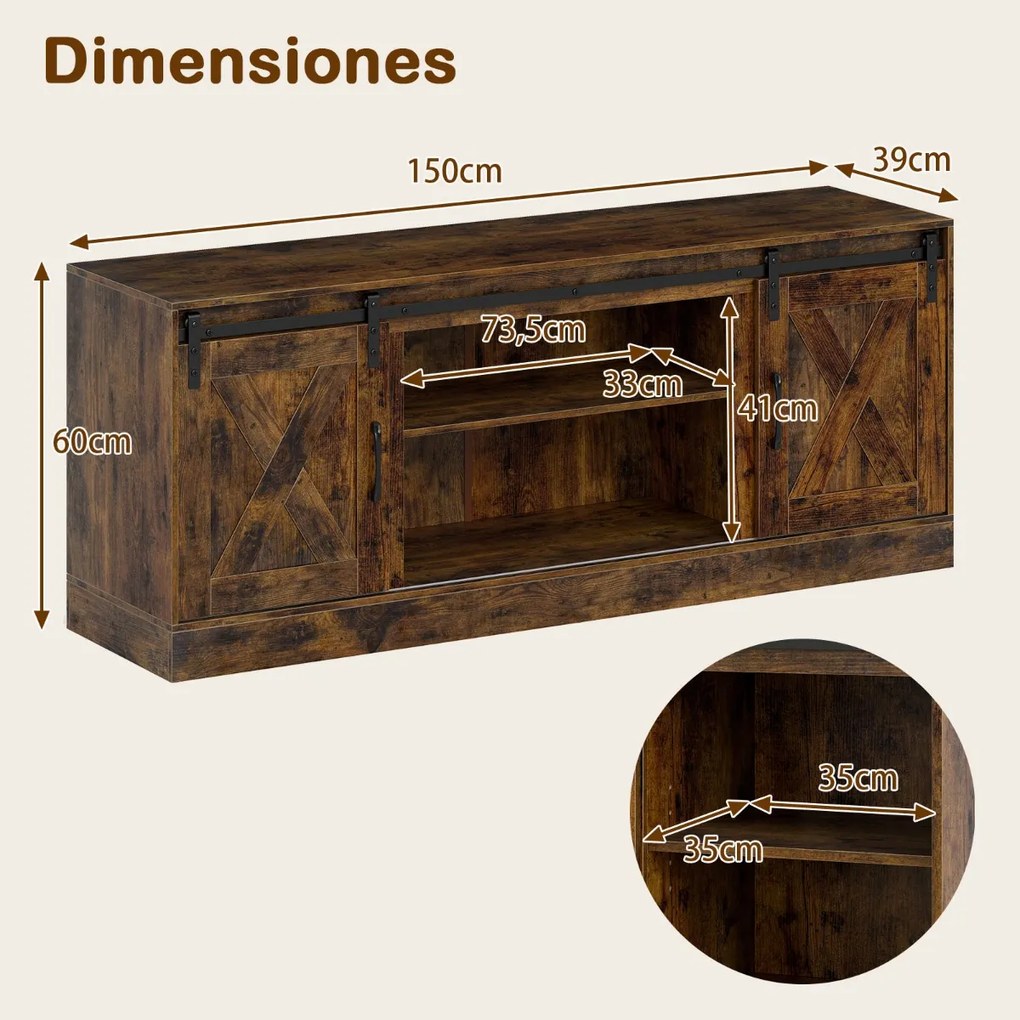 Móvel TV estilo rústico 150 x 39 x 60 cm com portas deslizantes tipo celeiro, prateleiras ajustáveis e kits antiderrapantes Café