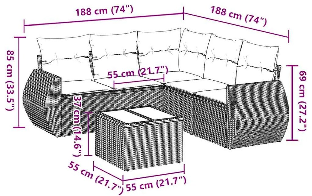 6 pcs conj. sofás jardim com almofadões vime PE cinzento-claro