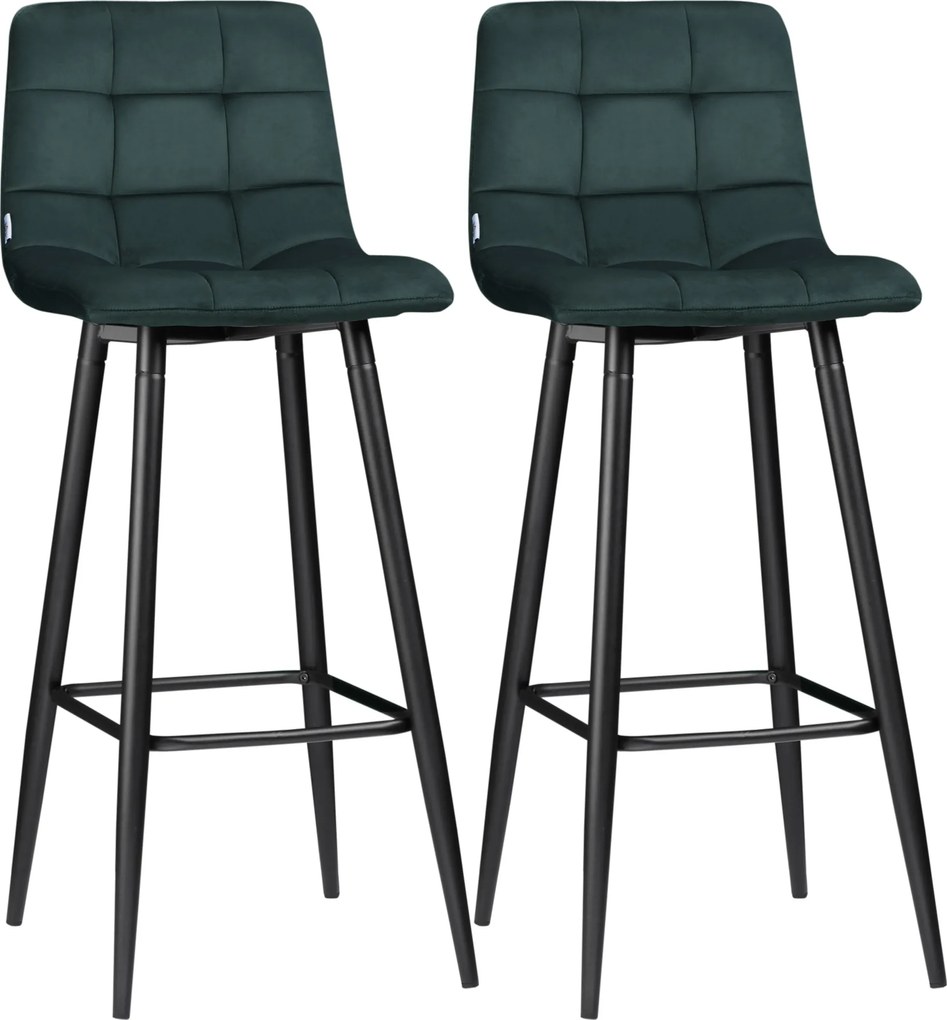 Conjunto de 2 bancos de bar, com assento em veludo acolchoado e pés em aço, altura 77 cm, verde escuro