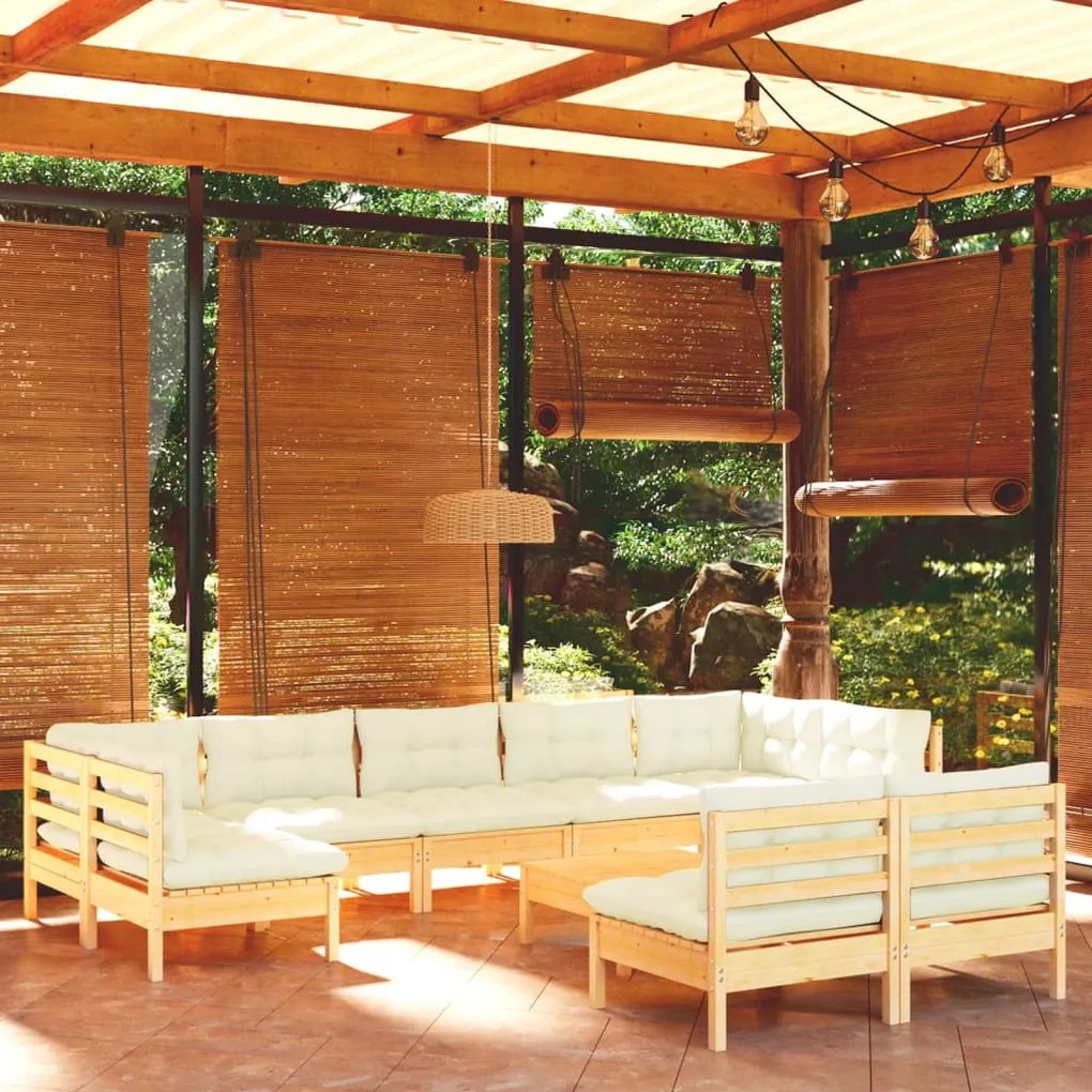 vidaXL 10 pcs conjunto lounge jardim c/ almofadões creme pinho maciço