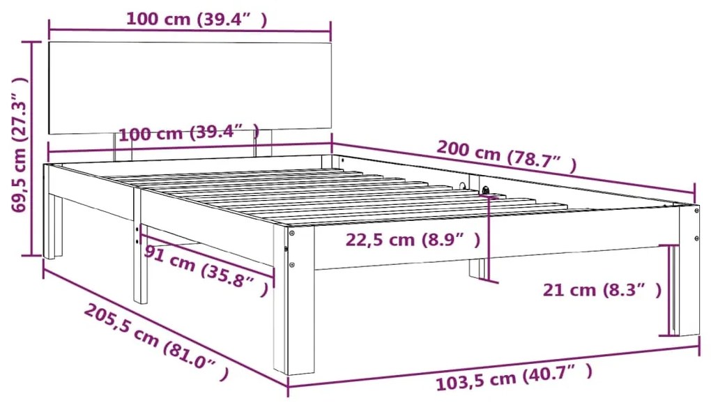 Estrutura de cama 100x200 cm madeira pinho maciço castanho mel