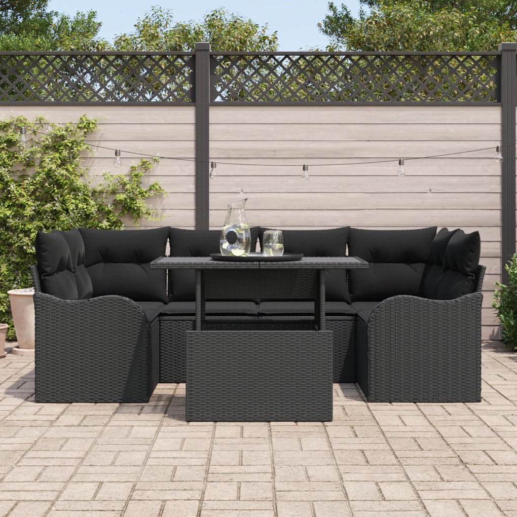Conjunto de Sofás de Jardim vidaXL 7 Peças com Almofadas Preto Rattan