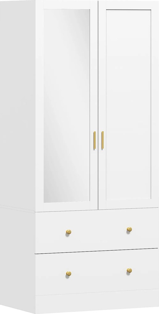 HOMCOM Roupeiro com  2 Portas e 2 Gavetas Armário Roupeiro com Espelho Barra para Pendurar Estilo Moderno 80x50x180 cm Branco | Aosom Portugal