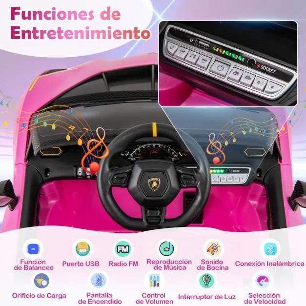 Carro Elétrico a Bateria 12V 4WD para Crianças com Controlo Remoto Luzes LED Som 3 Velocidades Rosa