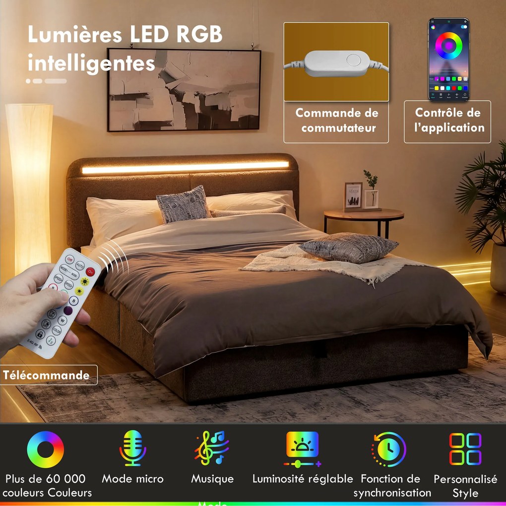 Cama com arrumação 140 x 190 cm com iluminação LED (COLCHÃO NÃO INCLUIDO), cabeceira ajustável, estrutura de cama de casal, base de ripas de madeira,