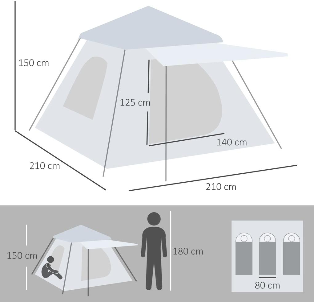 Tenda de Campismo para 2-3 Pessoas Impermeável PU2000 mm Proteção UV50+ com Bolsa de Transporte 210x210x150 cm Prata
