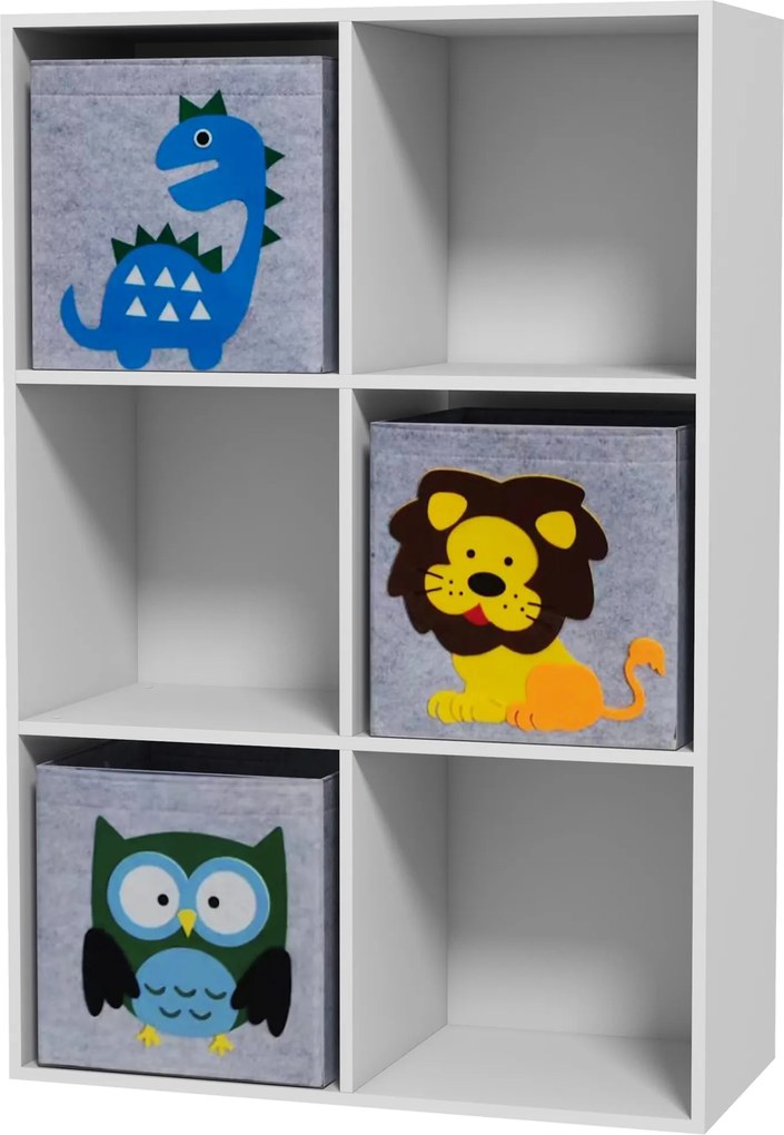 Estante para Brinquedos com 6 Compartimentos e 3 Caixas de Tecido não Tecido e Desenho de Animais 62x30x92cm Branco e Cinza