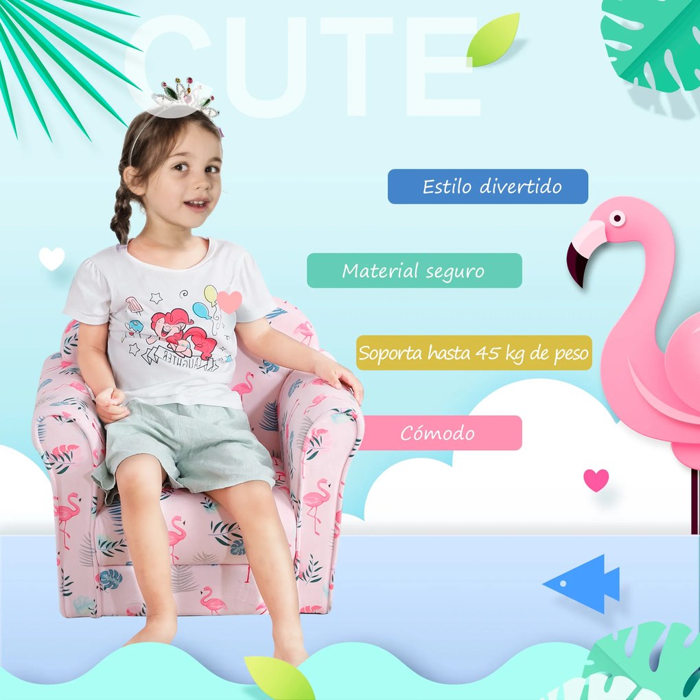 HOMCOM Poltrona para Crianças acima de 3 Anos com Desenhos de Flamingos Estrutura de Madeira e Estofado em Flanela 50x39x44 cm Rosa