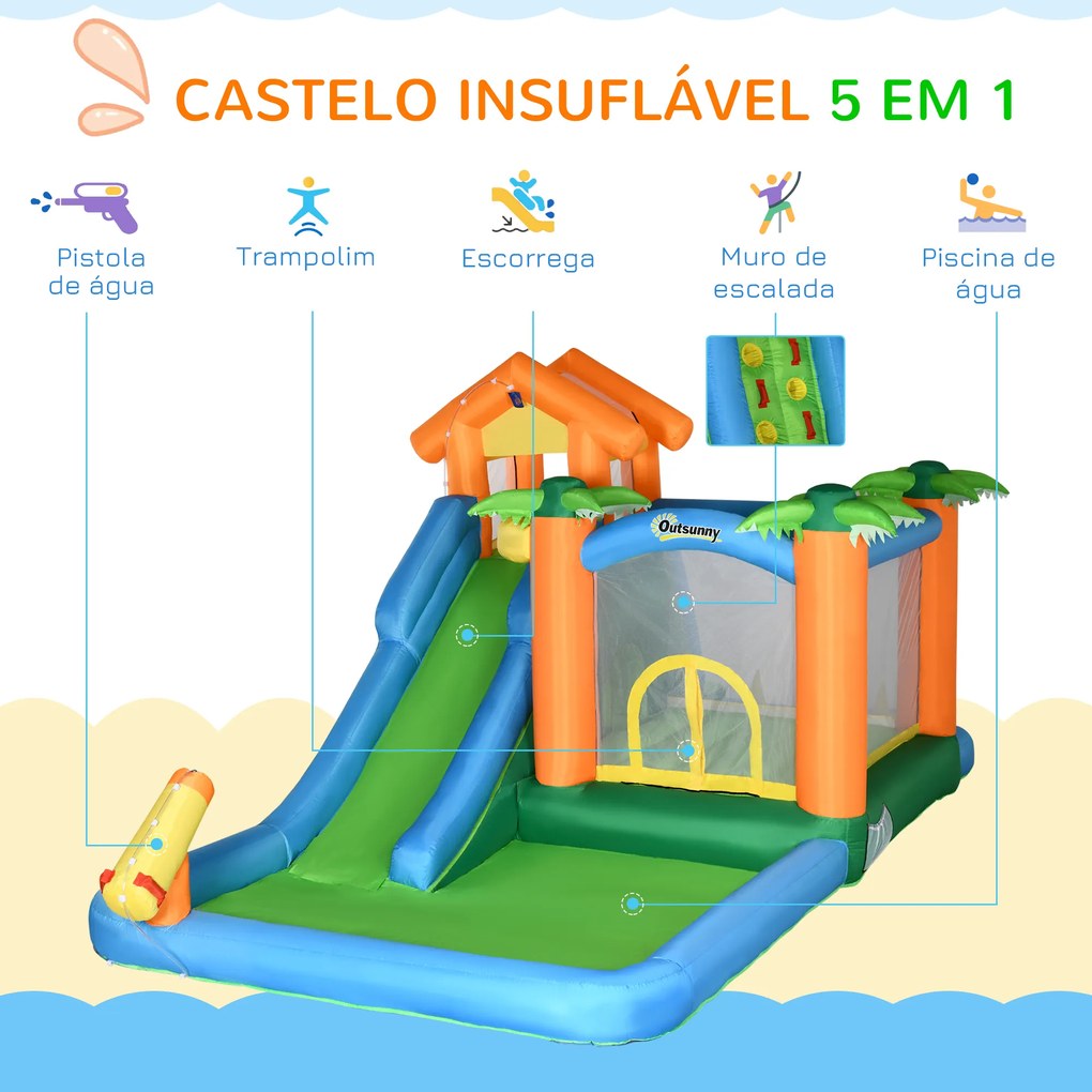Outsunny Castelo Insuflável com Escorrega Trampolim Piscinas e Pistola de Água para Crianças acima de 3 Anos com Inflador e Bolsa de Transporte para Interior Exterior 550x285x260cm Multicor