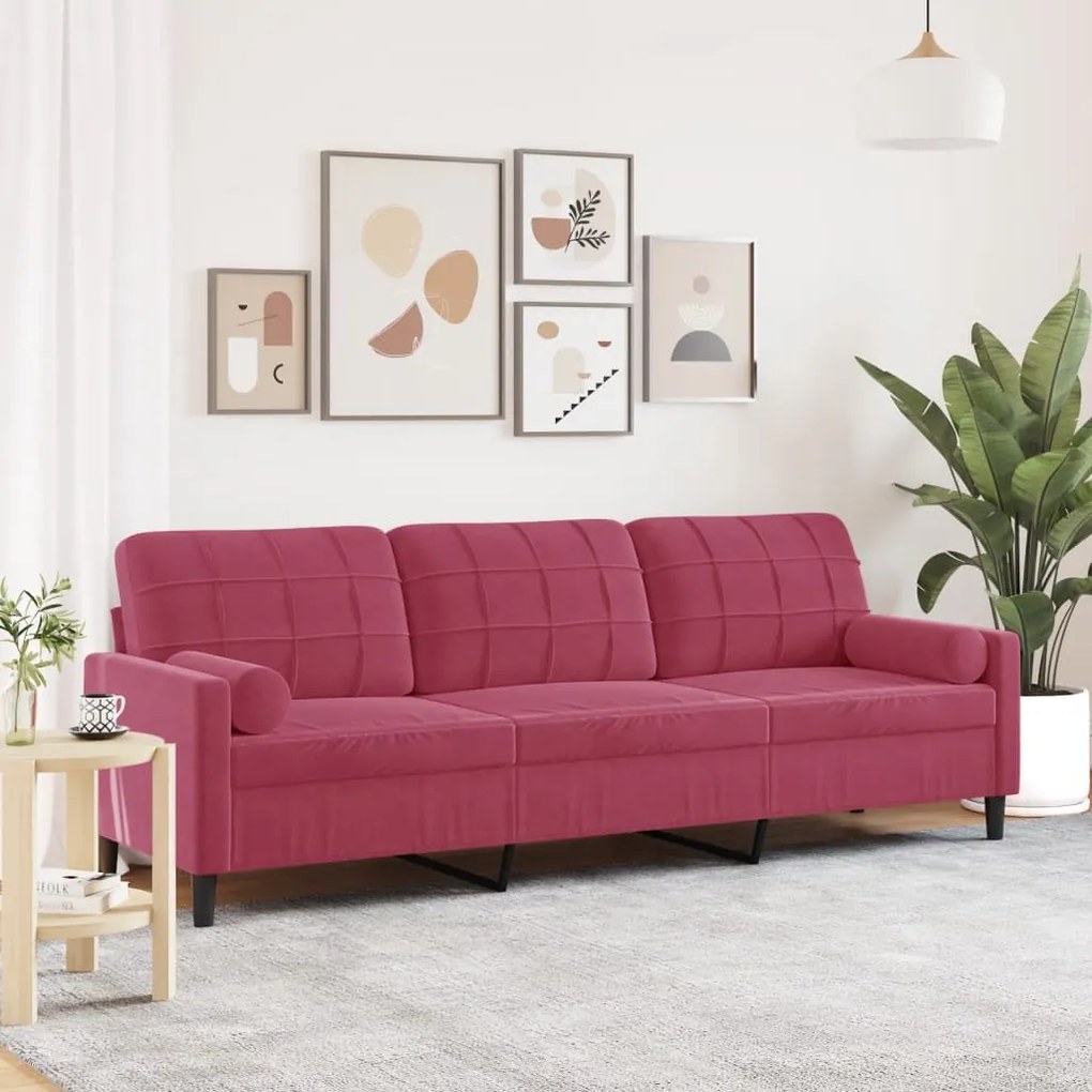 Sofá 3 lug. + almofadas decorativas 210cm veludo vermelho tinto