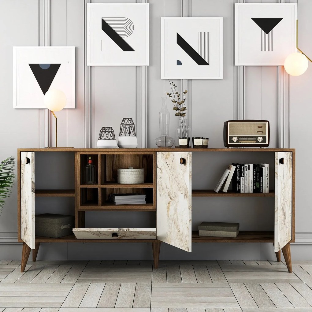Console Napoli – Mármore Branco e Nogueira – 180x81x35 cm