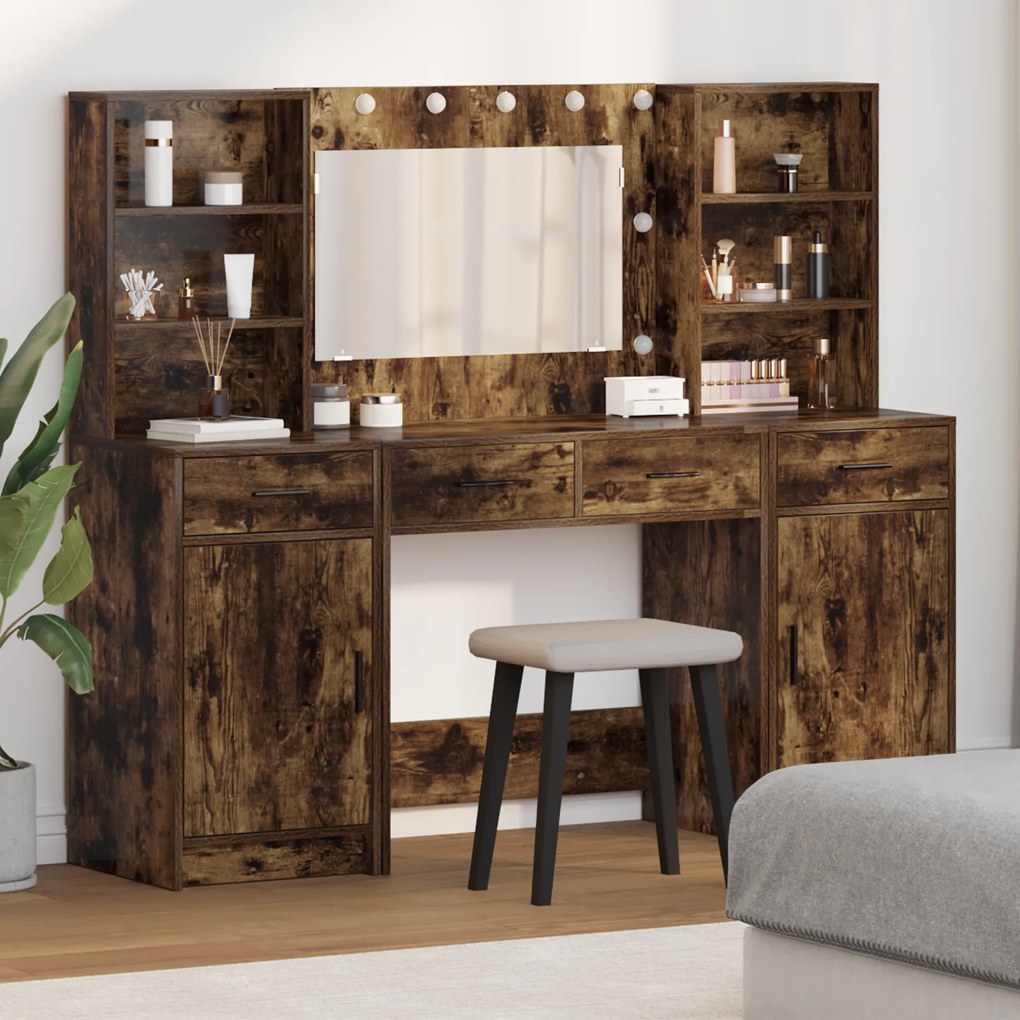 Conjunto de Mesa de Maquiagem de 3 Peças vidaXL em Madeira de Carvalho Fumado