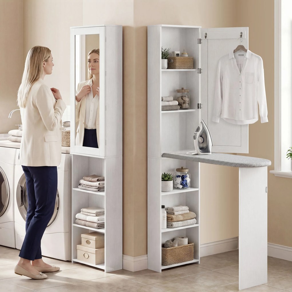 Móvel de Engomar com Espelho Tábua de Engomar Dobrável 6 Compartimentos 2 Ganchos 107x35x174 cm Branco
