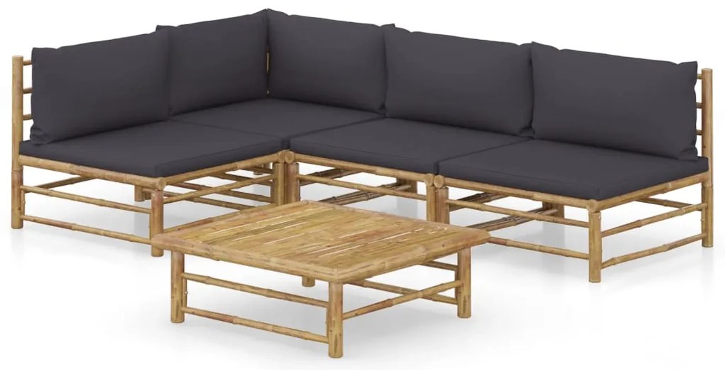 5 pcs conj. lounge jardim em bambu c/ almofadões cinza-escuro
