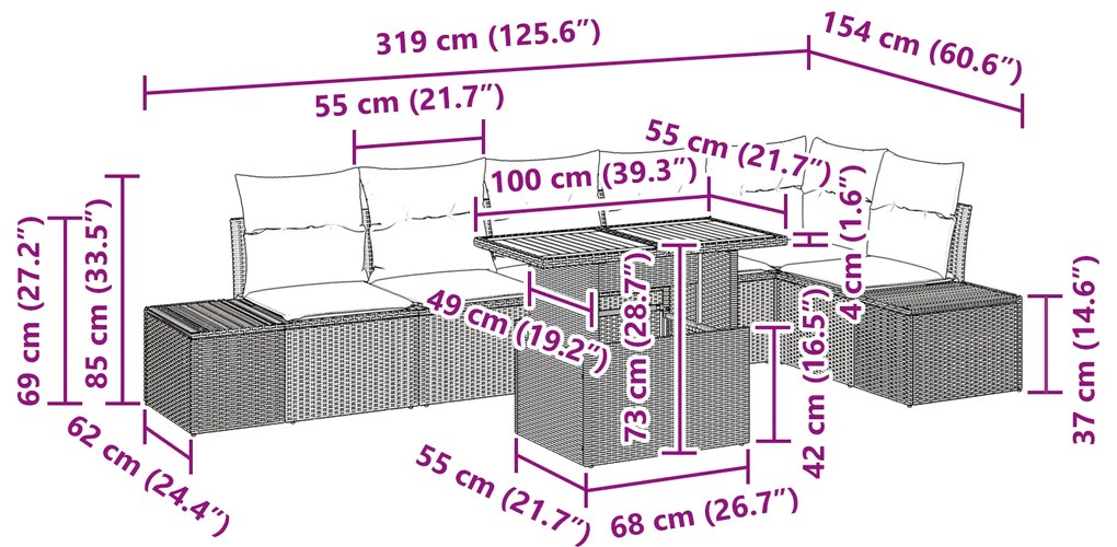 Conjunto de Jantar de 7 Peças com Almofadas Preto Rattan de Polietilen