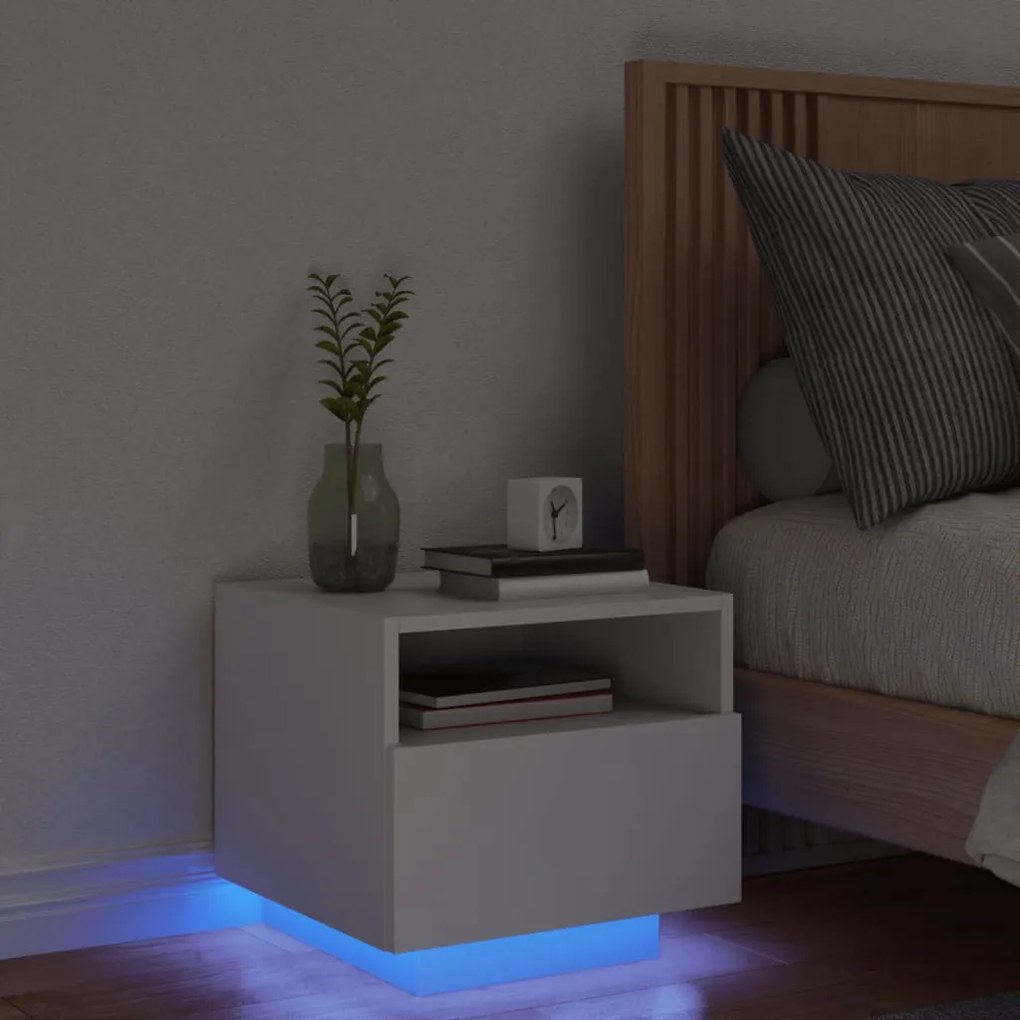 Mesa de cabeceira com luzes LED 40x39x37 cm branco