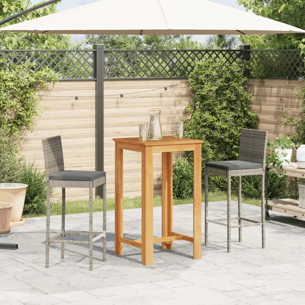 3 pcs conjunto de bar p/ jardim acácia maciça/vime PE cinzento