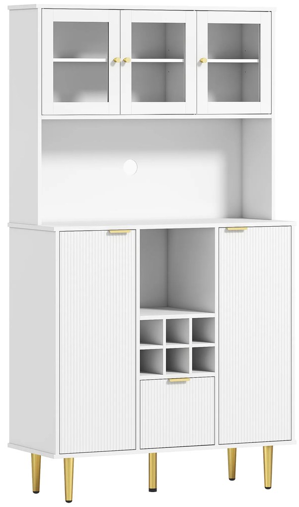 HOMCOM Armário de Cozinha Móvel Auxiliar de Cozinha Armário Alto com 3 Portas de Vidro Suporte para Garrafas 100x40x180 cm Branco | Aosom Portugal