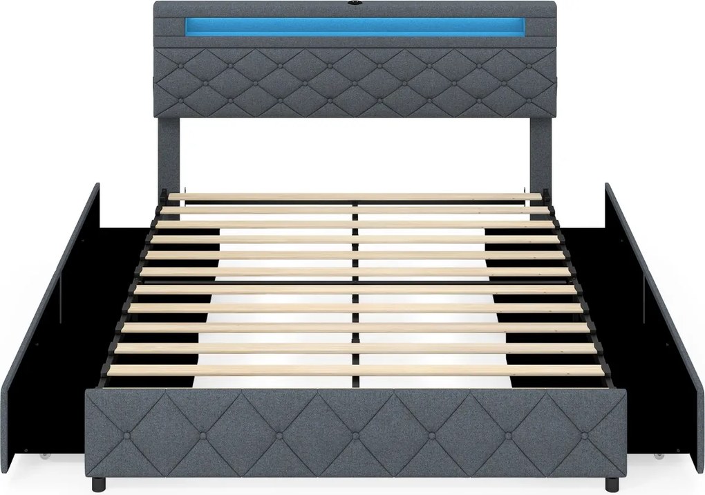 Estrutura de cama 160x200 cm (COLCHÃO NÃO INCLUIDO) com LED USB, estofado, gavetas, cabeceira ajustável, espaço de arrumação, ripas de madeira, não ne