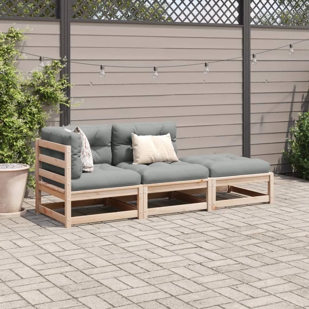 3 pcs conjunto sofás de jardim c/ almofadões pinho maciço