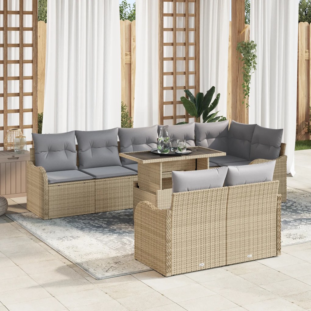 Conjunto de Sofá de Jardim vidaXL 9 Peças com Almofadas Bege Polirattan