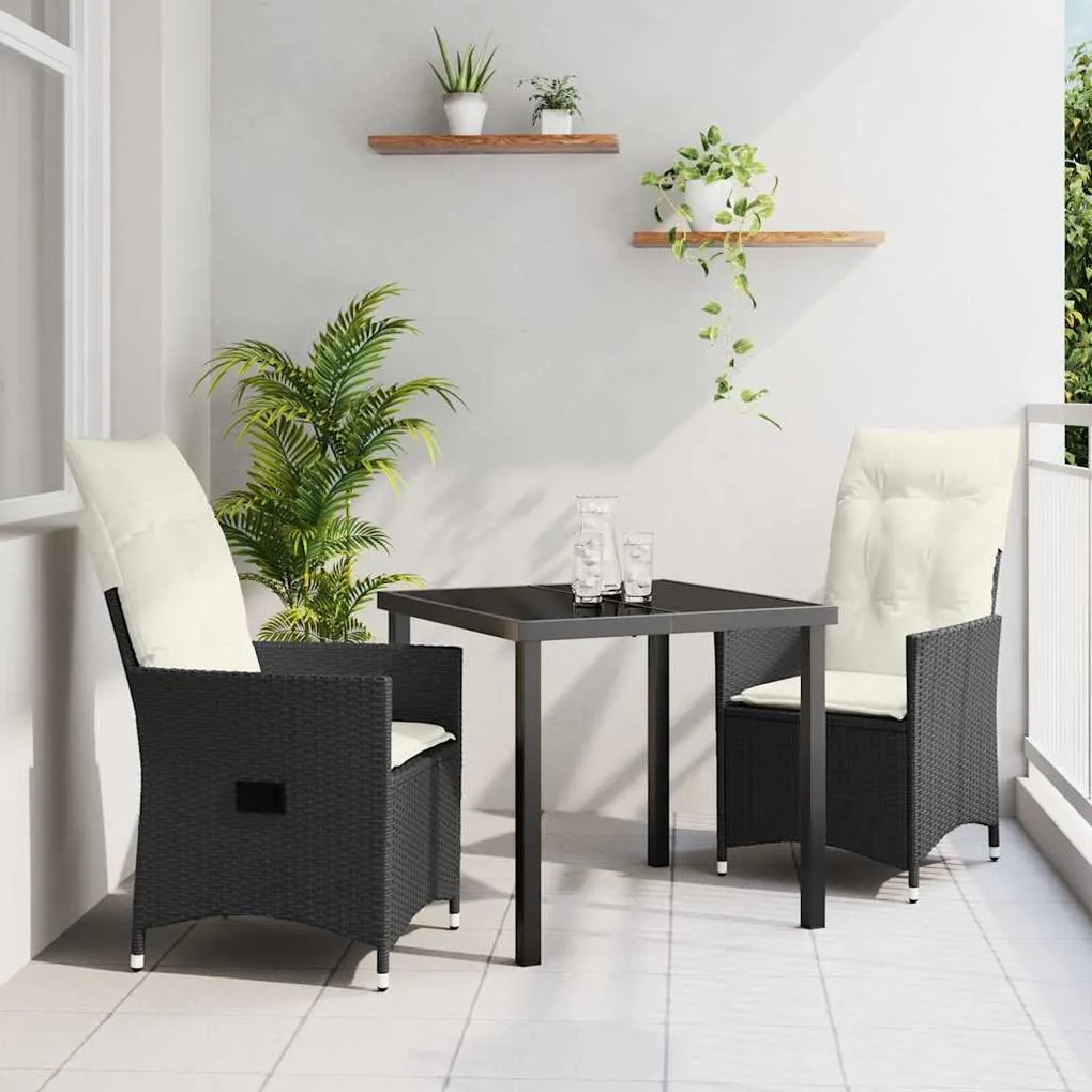 vidaXL Conjunto de Jantar de Jardim com 3 Peças e Almofadas em Poly Rattan Preto