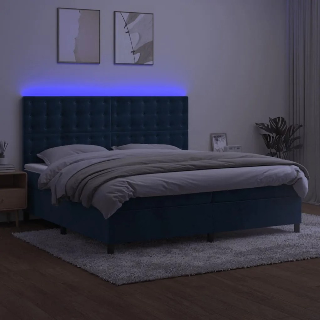 Cama box spring c/ colchão/LED 200x200 cm veludo azul-escuro
