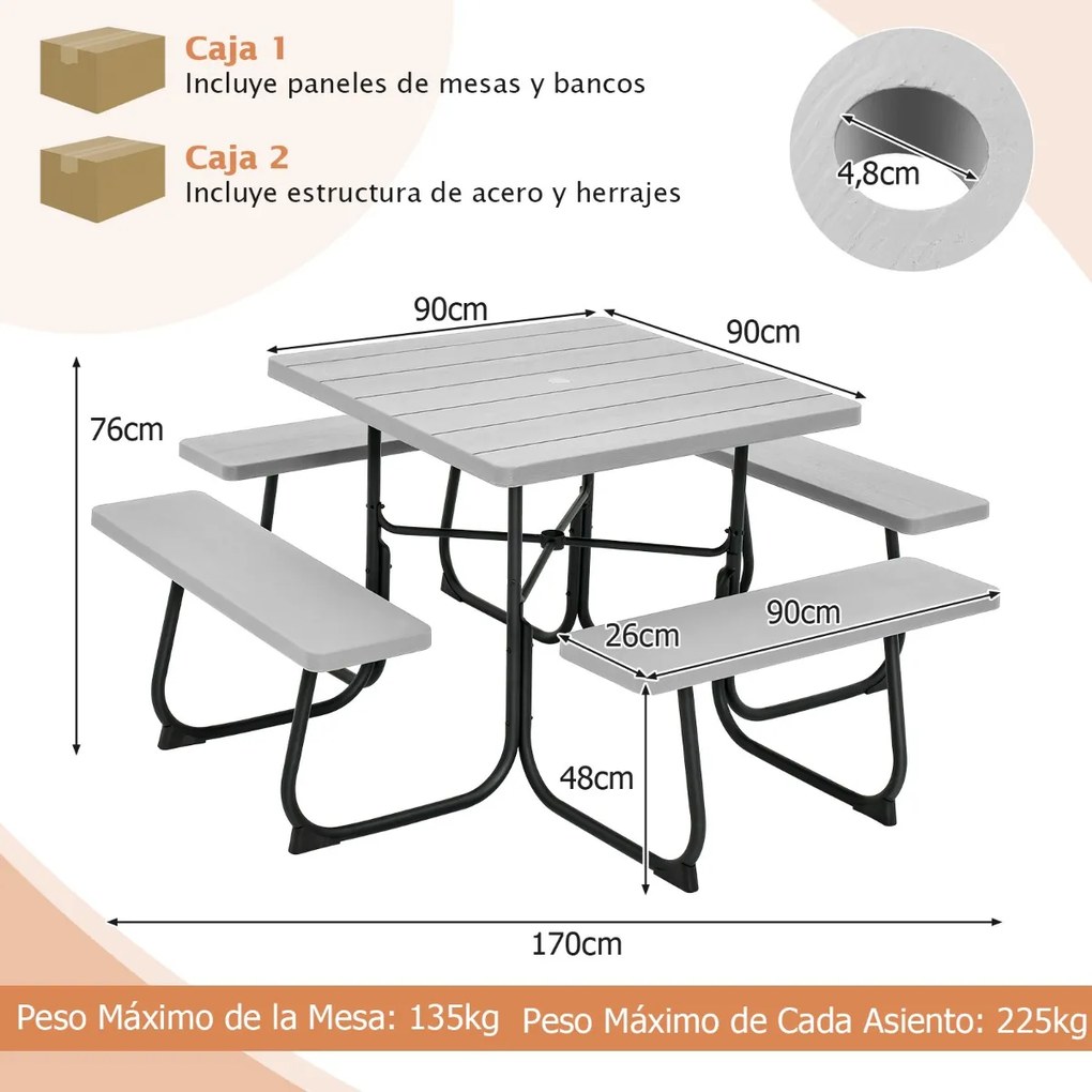 Conjunto de moveis jardim Mesa redonda e 4 bancos para 8 pessoas Carga 225 kg para jardim terraço campismo Cinzento