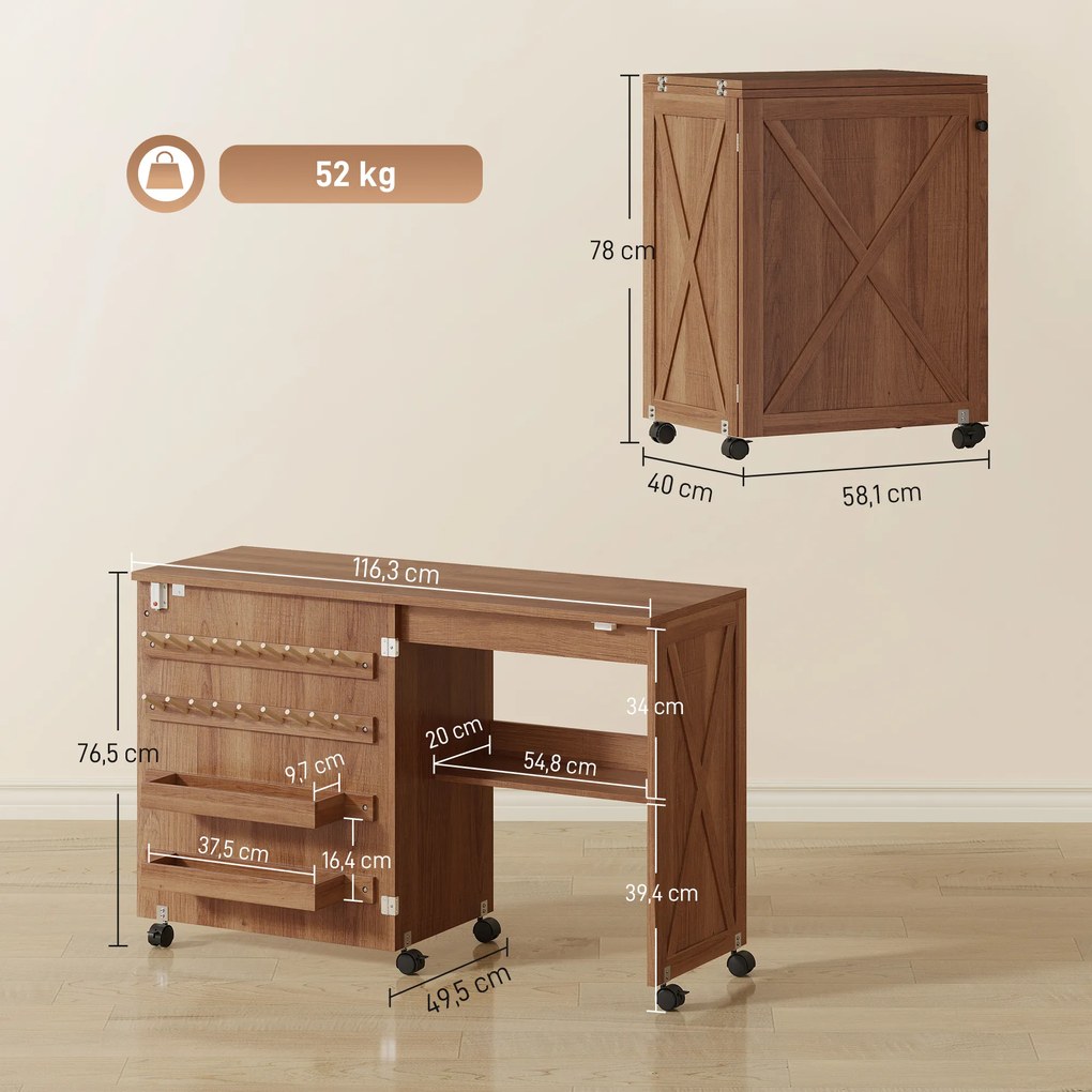 Mesa para Máquina de Costura Dobrável com Porta Magnética, 2 Compartimentos, Prateleira, 18 Suportes para Linhas e 5 Rodas, Castanho