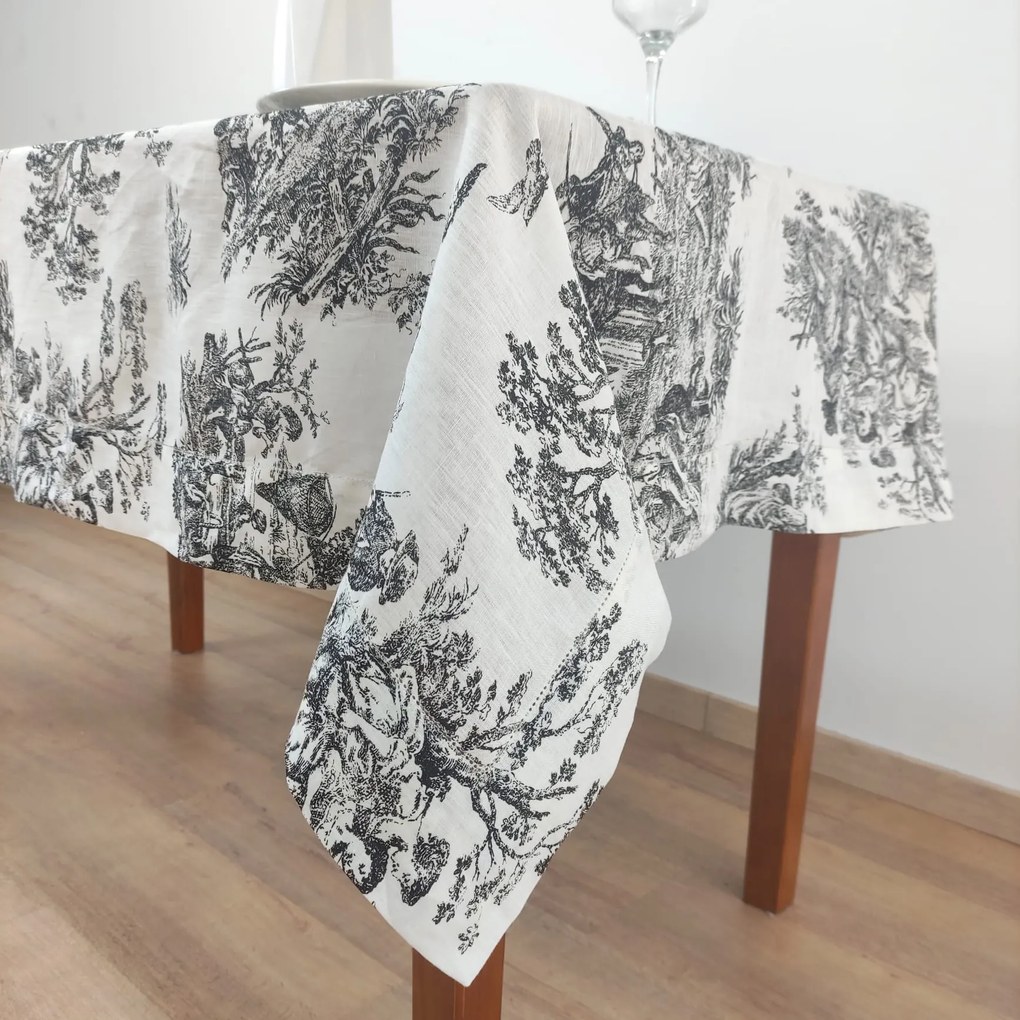 Toalha de Mesa Linho COL Toile de Jouy Black Ponto Aberto