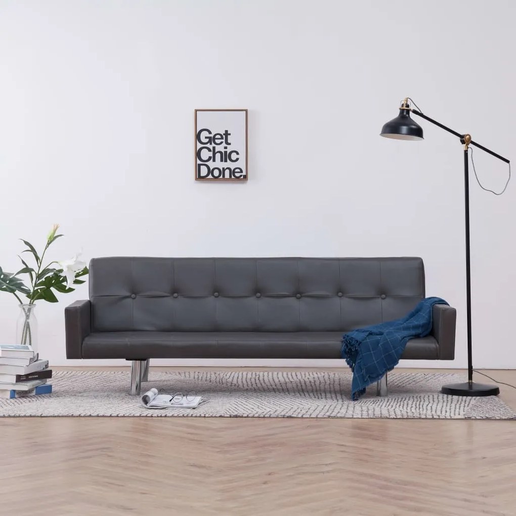 vidaXL Sofá-cama com apoio de braços couro artificial cinzento