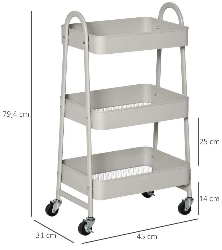 Carrinho de Cozinha com Rodas Carrinho de Armazenamento de 3 Níveis e Rodas com Freios para Casa de Banho Dormitório Escritório 45x31x79,4cm Cinza