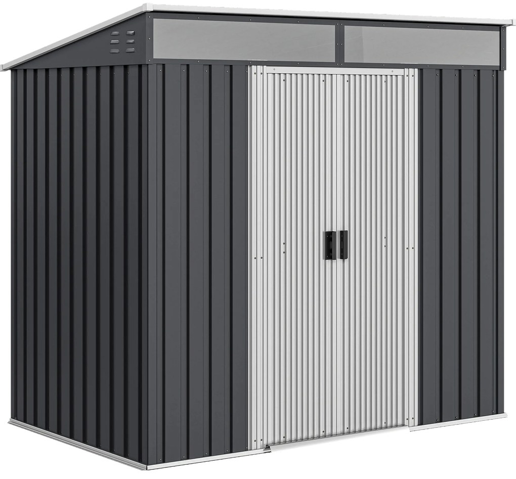 Outsunny Abrigo de Jardim 2 m² 195x122x181,5 cm Abrigo de Armazenamento Metálico com Porta de Correr e 2 Janelas Cinza Escuro | Aosom Portugal