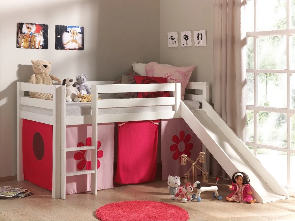 Conjunto Cama alta de Criança PINO 90 x 200 cm + estrado + escada + escorrega + cortina Flores Branca