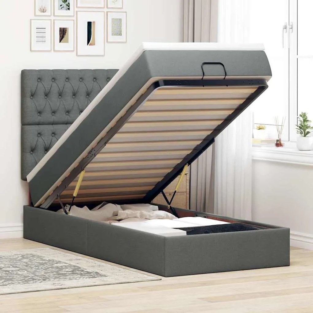Cama otomana com colchão & LEDs 90x200cm tecido cinzento escuro