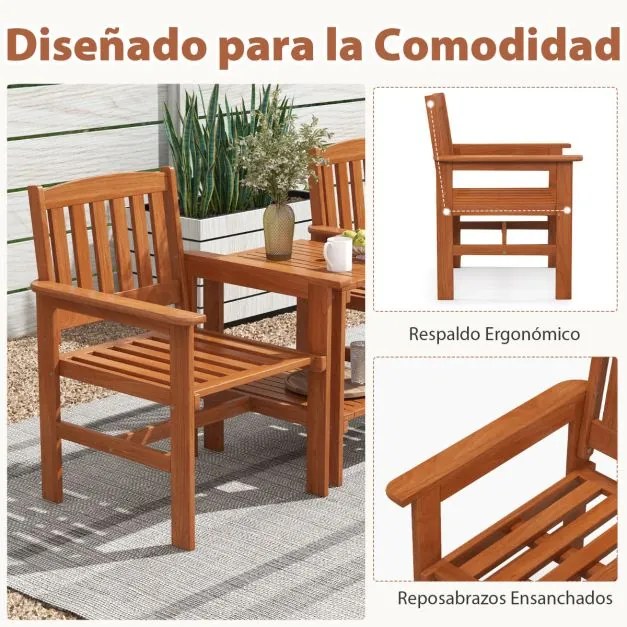 Conjunto de mesa e cadeira jardim de 3 peças para pátio Assentos de madeira para conversação ao ar livre com furo para guarda-sol Castanho