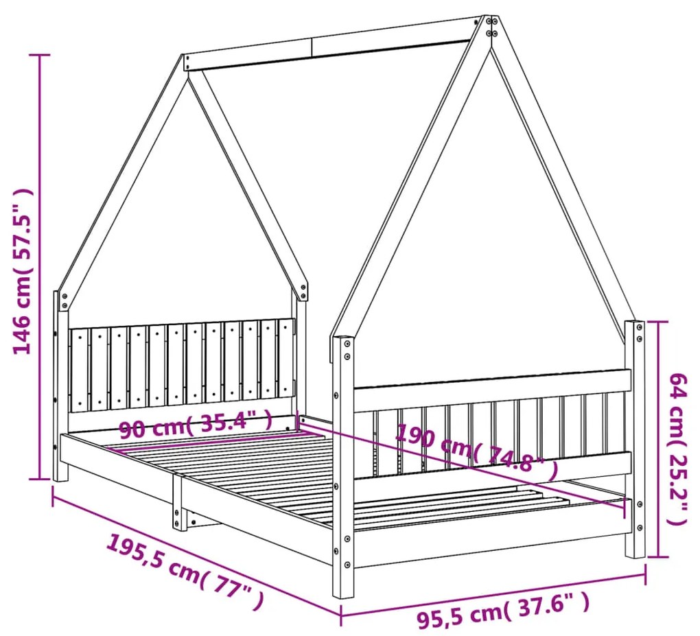 Estrutura de cama infantil 90x190 cm pinho maciço preto