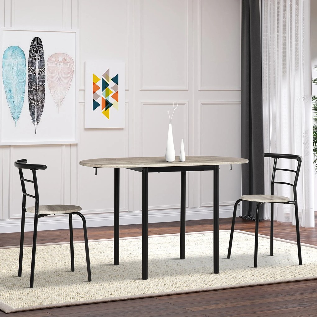 Conjunto de mesa oval extensível e 2 cadeiras – mesa com abas – metal e MDF – preto e natural