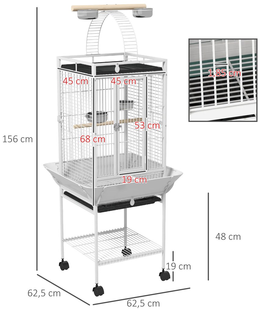 Gaiola para Pássaros com Suporte e Rodas 62,5x62,5x156 cm Ponte de Arco 2 Poleiros 4 Comedouros 2 Bandejas Removíveis