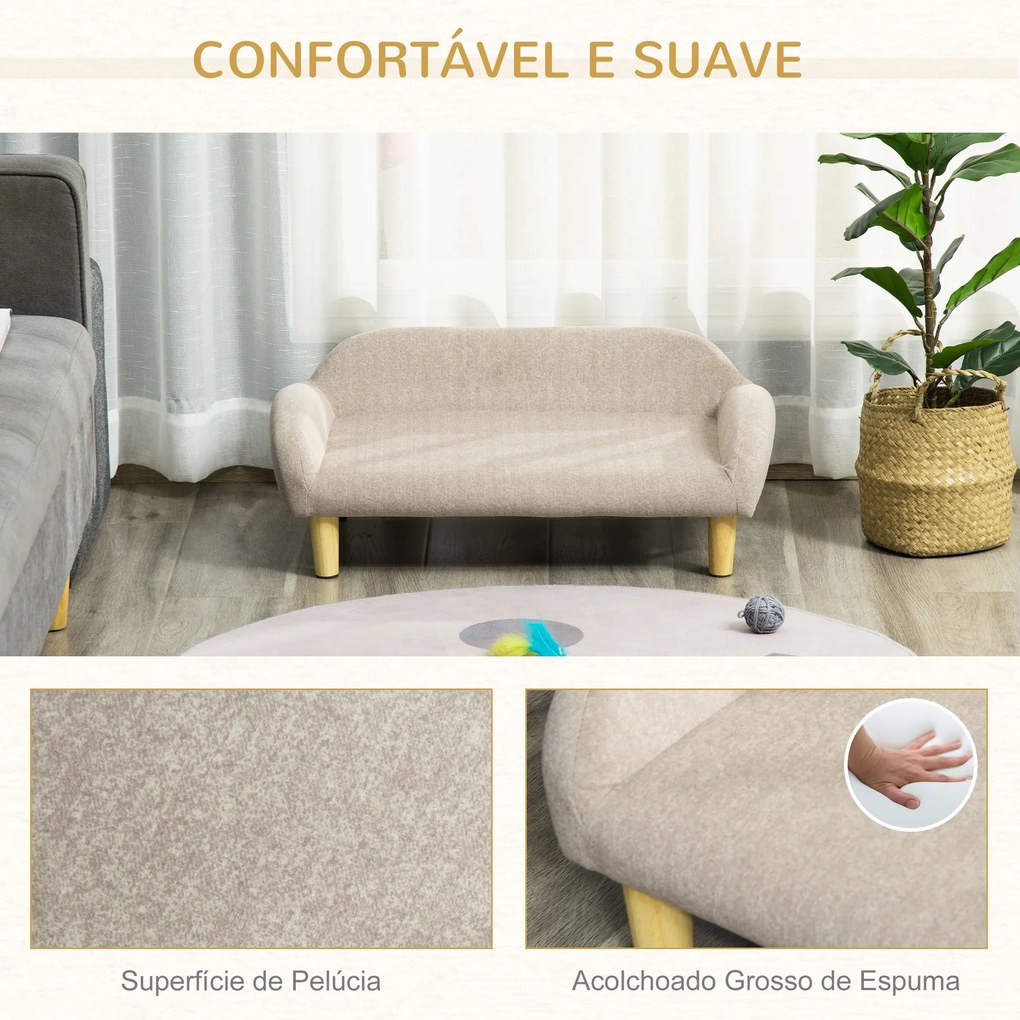 PawHut Sofá para Animais de Estimação em Veludo Suave Sofá Cama para Cães Gatos Médios e Pequenos Acolchoado Grosso Pés de Madeira 70x40x28cm Bege