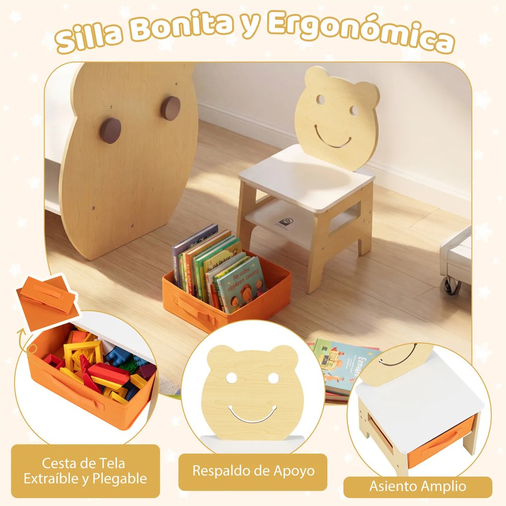 Mesa e cadeira infantil 3 em 1 com tema de urso, secretária infantil com quadro de giz de dupla face, estante, ganchos e gaveta, para crianças dos 3 a
