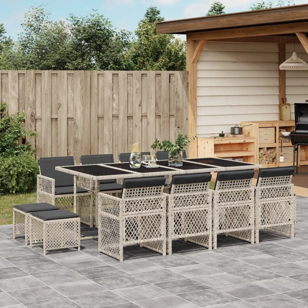 13 pcs conj. jantar jardim c/ almofadões vime PE cinzento-claro