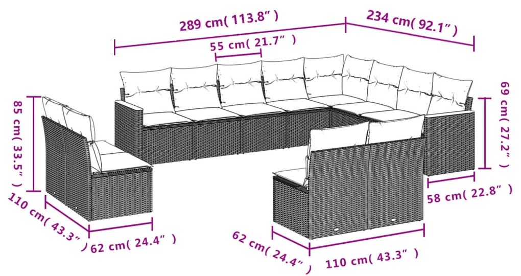 12 pcs conjunto de sofás p/ jardim com almofadões vime PE bege