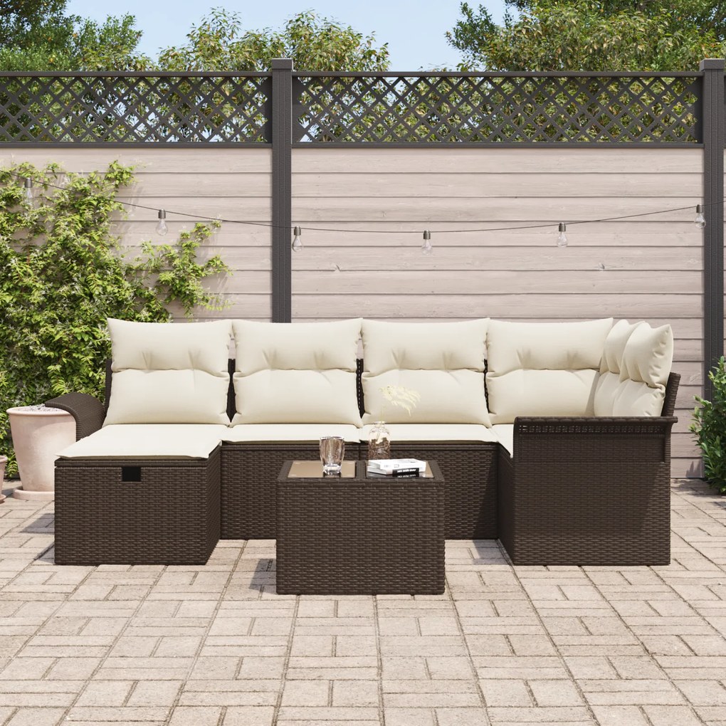 Conjunto de Sofá de Jardim de 7 Peças com Almofadas Castanho Poliratta