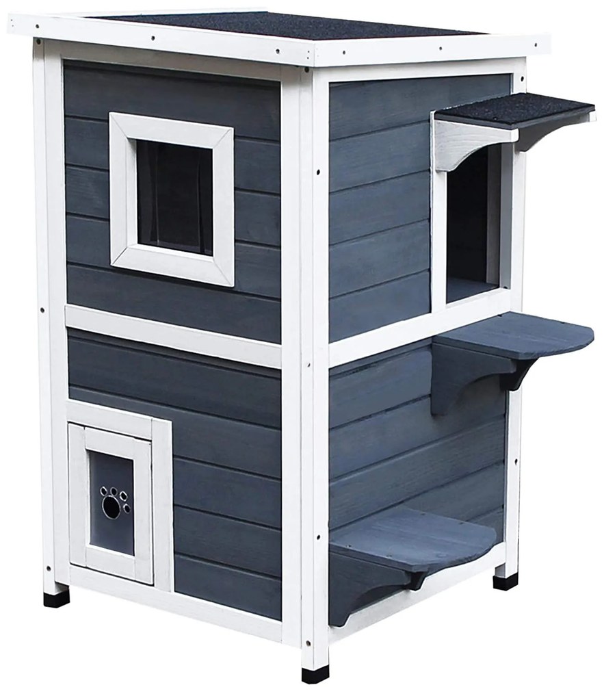 Casa para Gatos de Madeira Exterior Casa para Gatos de 2 Andares com Teto se Abre Janelas e 2 Plataformas para Terraço Balcão Jardim 51x51x81,3cm Cinza