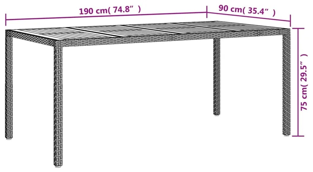Mesa de jardim 190x90x75 cm vime PE e acácia maciça preto