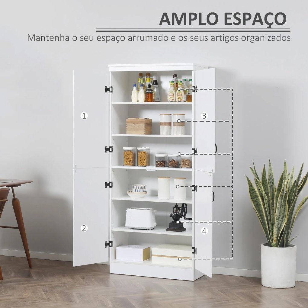HOMCOM Armário de Cozinha Móvel Auxiliar de Cozinha com 4 Portas 6 Prateleiras de Armazenamento para Sala de Jantar Estilo Moderno 76x40x176,7cm Branco